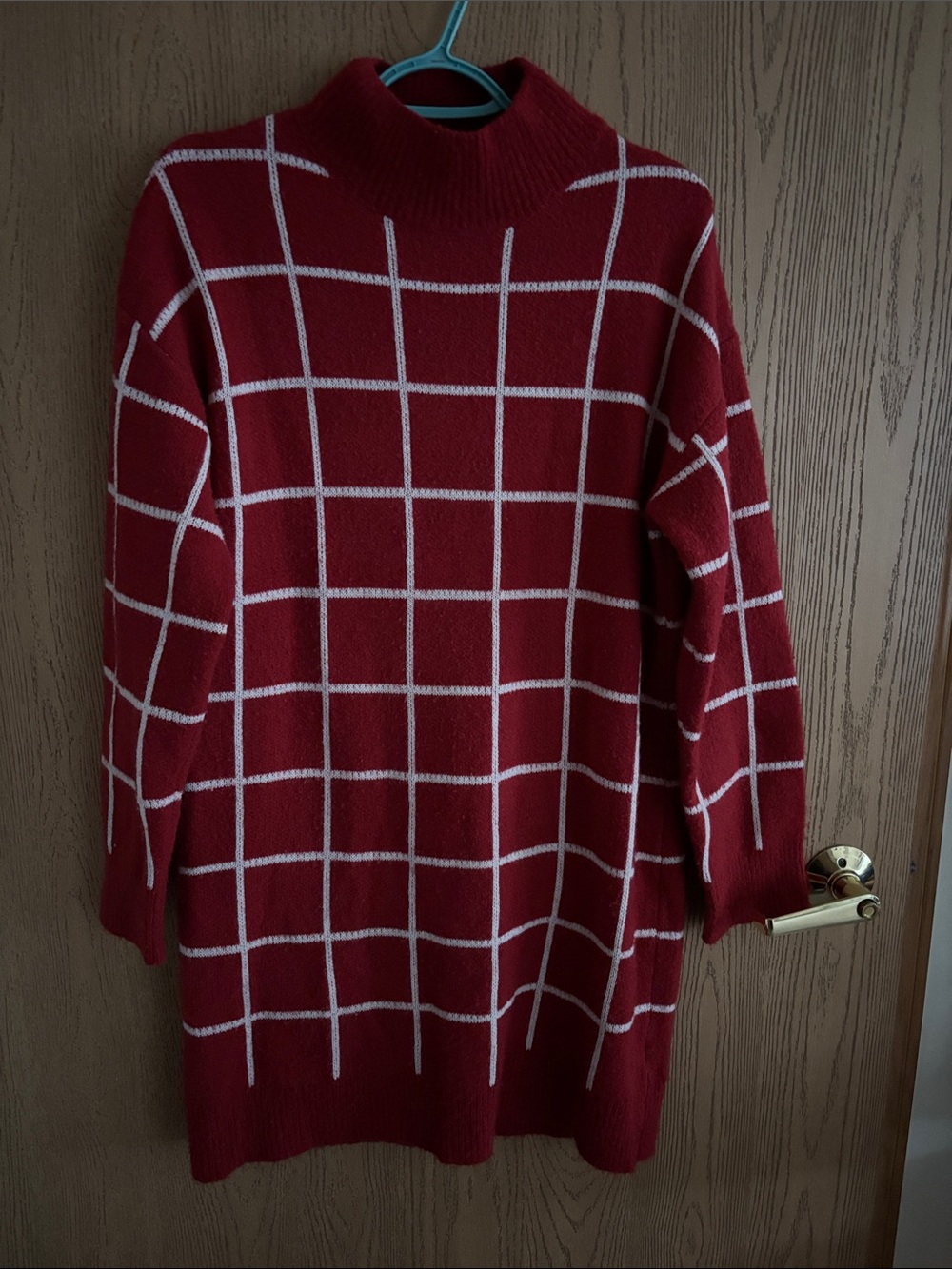 SHEIN Red Windowpane Turtleneck Sweater Dress